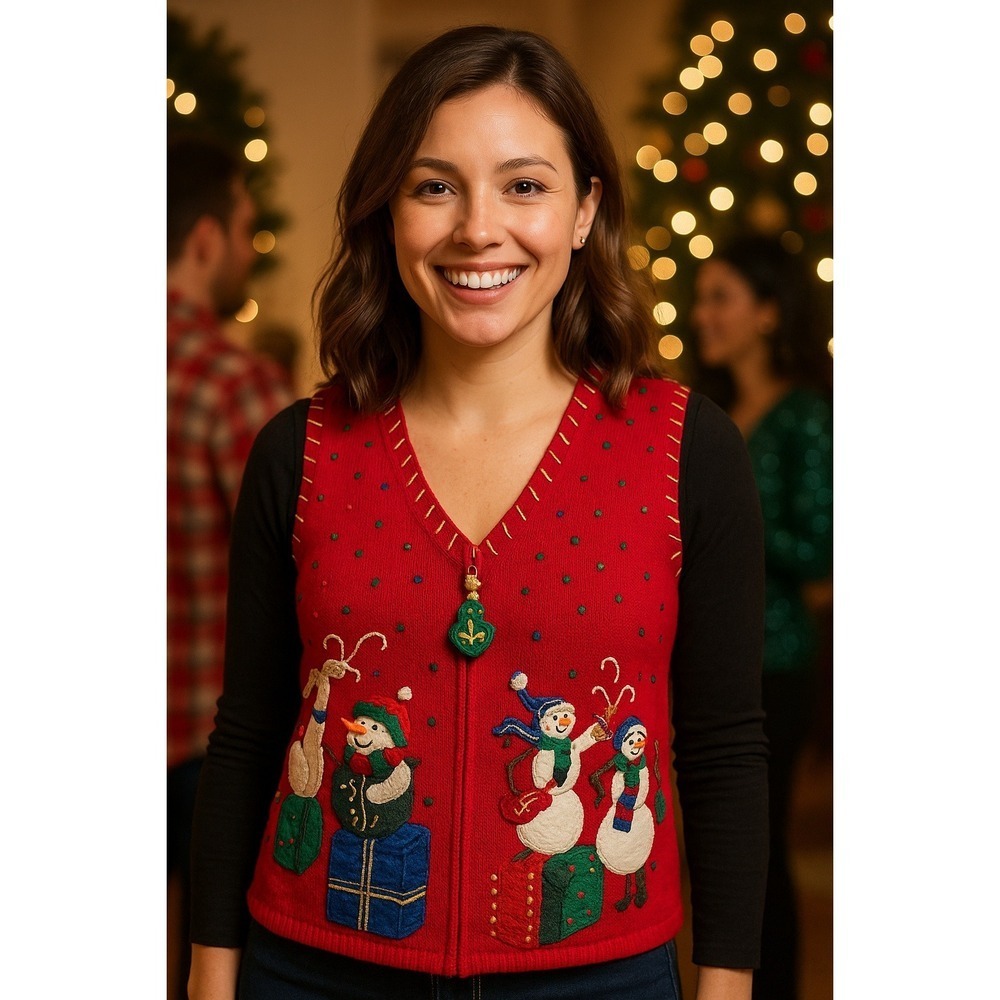 Ugly Christmas Sweater Y2K 90s Holiday Red Felt Snowman Musical Sequins S Vest
